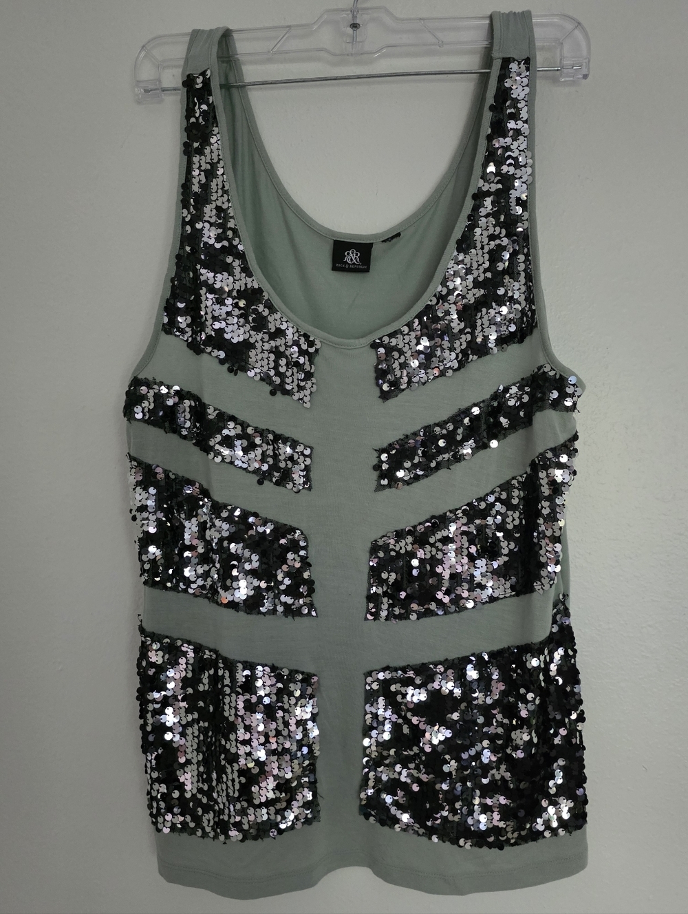 Vintage Rock & Republic Sequin Sage Tank Top L Indie  Bling Glam Y2K Festival